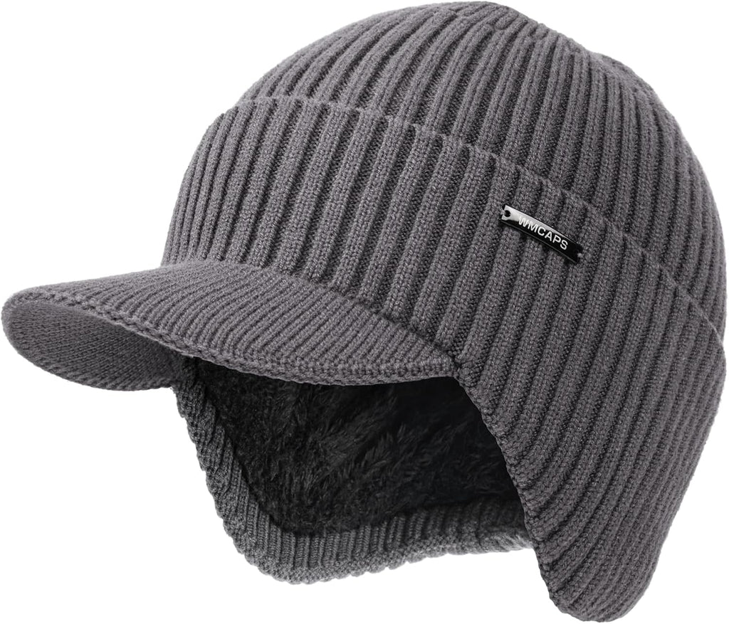 Wmcaps Winter Beanie with Brim & Ear Flaps, Fleece Lined Hat for Men Women