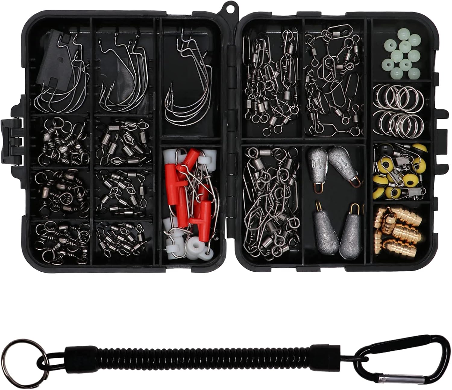 Fishing Accessories Kit with Hooks, Bass Casting, Sinkers, Swivels, Snaps, Sinker Slides, Line Beads, Fishing Set with Tackle Box Lanyard