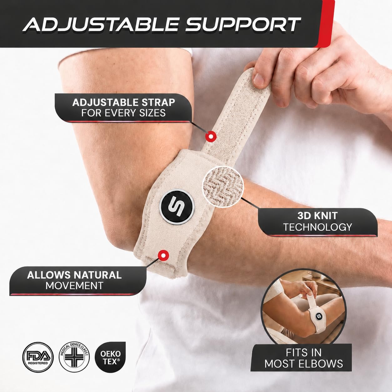 Sleeve Stars Tennis Elbow Brace for Men & Women, Elbow Brace for Tendonitis, Tennis Elbow Strap, Golfers Elbow Brace, Elbow Support Wrap for Tennis Elbow Relief, Fits 9"-23" (Pair/Beige)