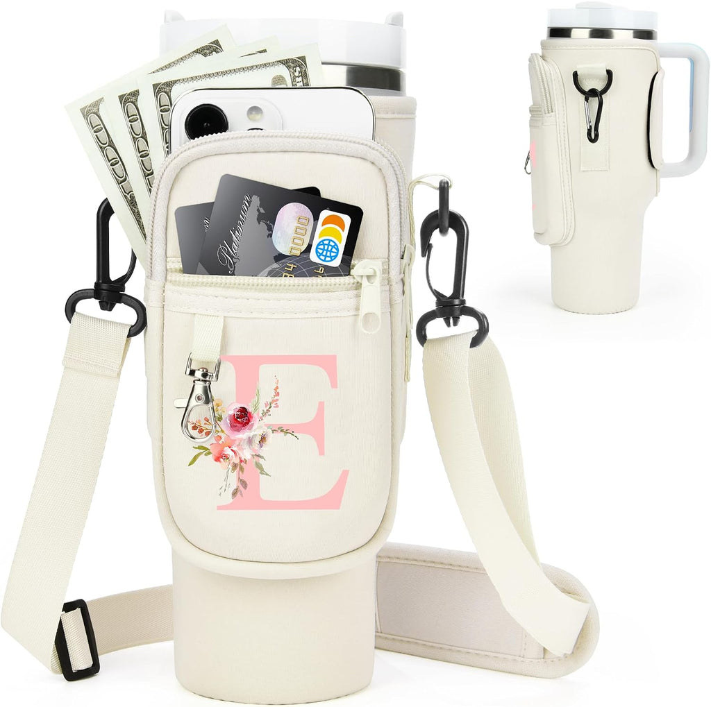 Initial Water Bottle Holder with Strap for Stanley Cup Accessories 40 oz/Simple Modern Tumbler, Birthdays for Women Girls, Water Bottle Carrier Bag with Phone Pocket,Hiking Walking Gym Camping