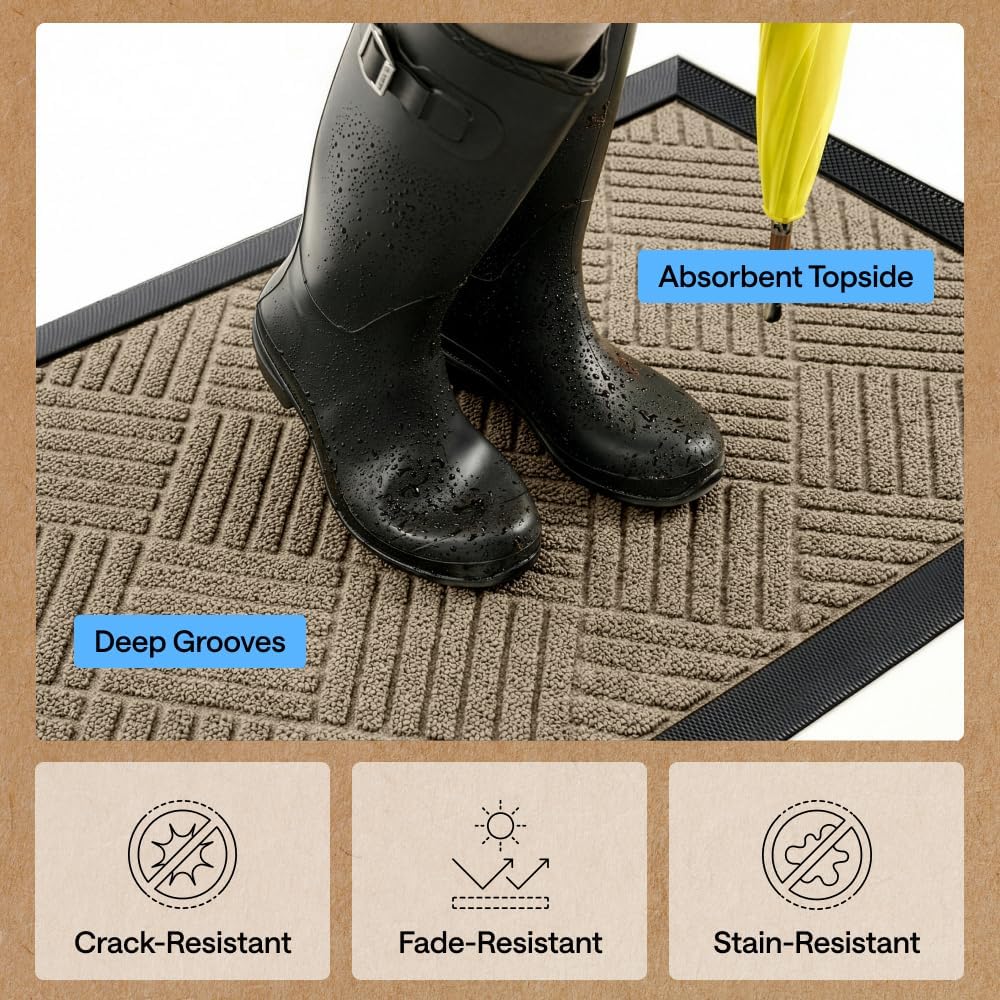 GORILLA GRIP WeatherMAX Door Mat, Indoor Outdoor Use, 29x17, Beige Diamond