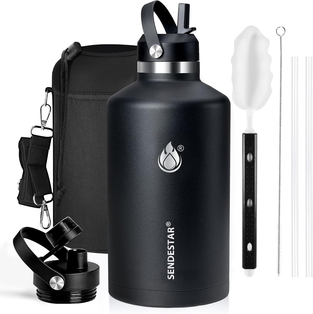 SENDESTAR Insulated Water Bottle 24 OZ, Wide Mouth 24 oz Water Bottle with Straw Lid, Spout Lid, Double Wall Vacuum Stainless Steel Leak Proof, Keeps Liquids Hot or Cold (Black)