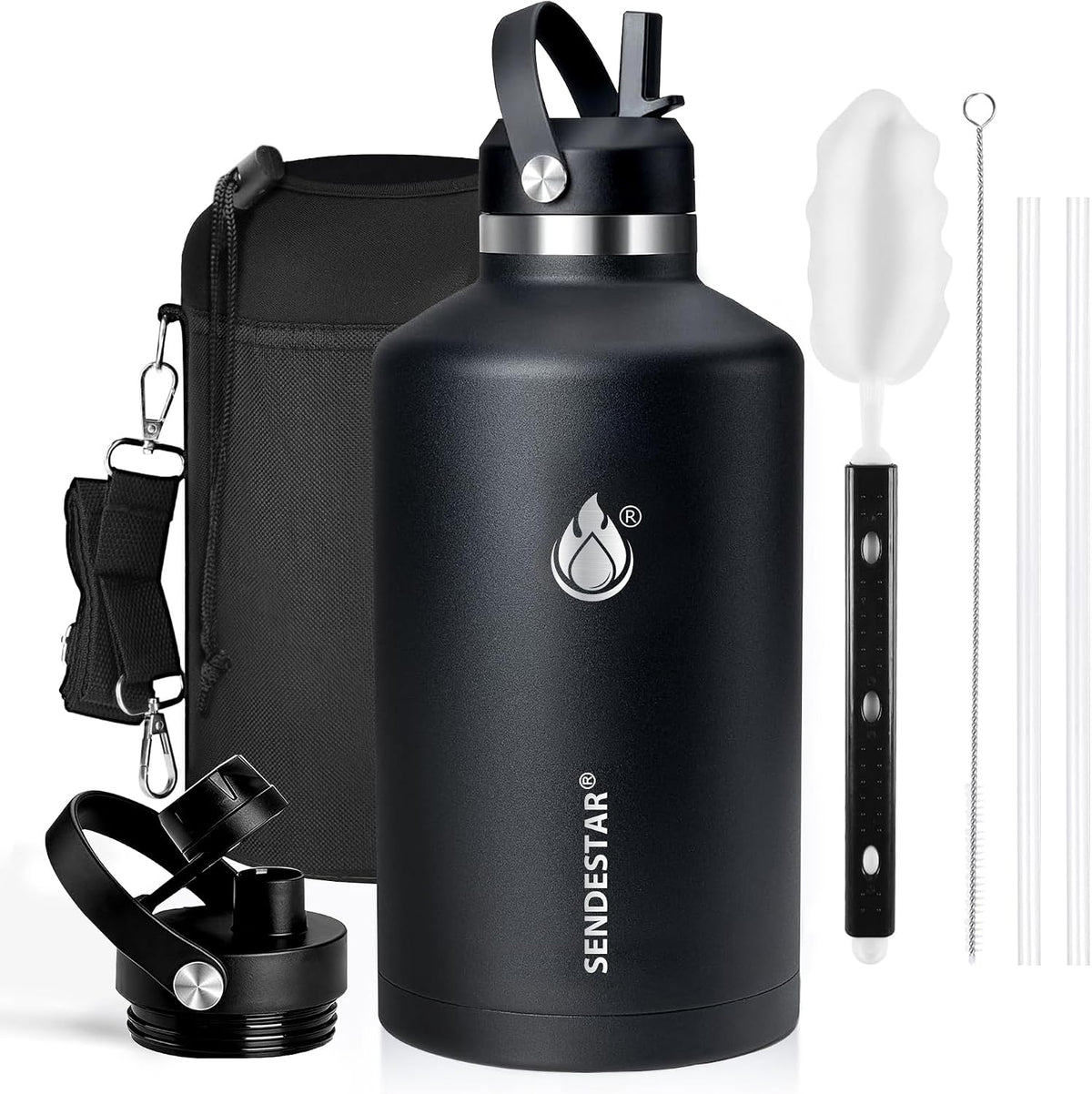 SENDESTAR Insulated Water Bottle 24 OZ, Wide Mouth 24 oz Water Bottle with Straw Lid, Spout Lid, Double Wall Vacuum Stainless Steel Leak Proof, Keeps Liquids Hot or Cold (Black)