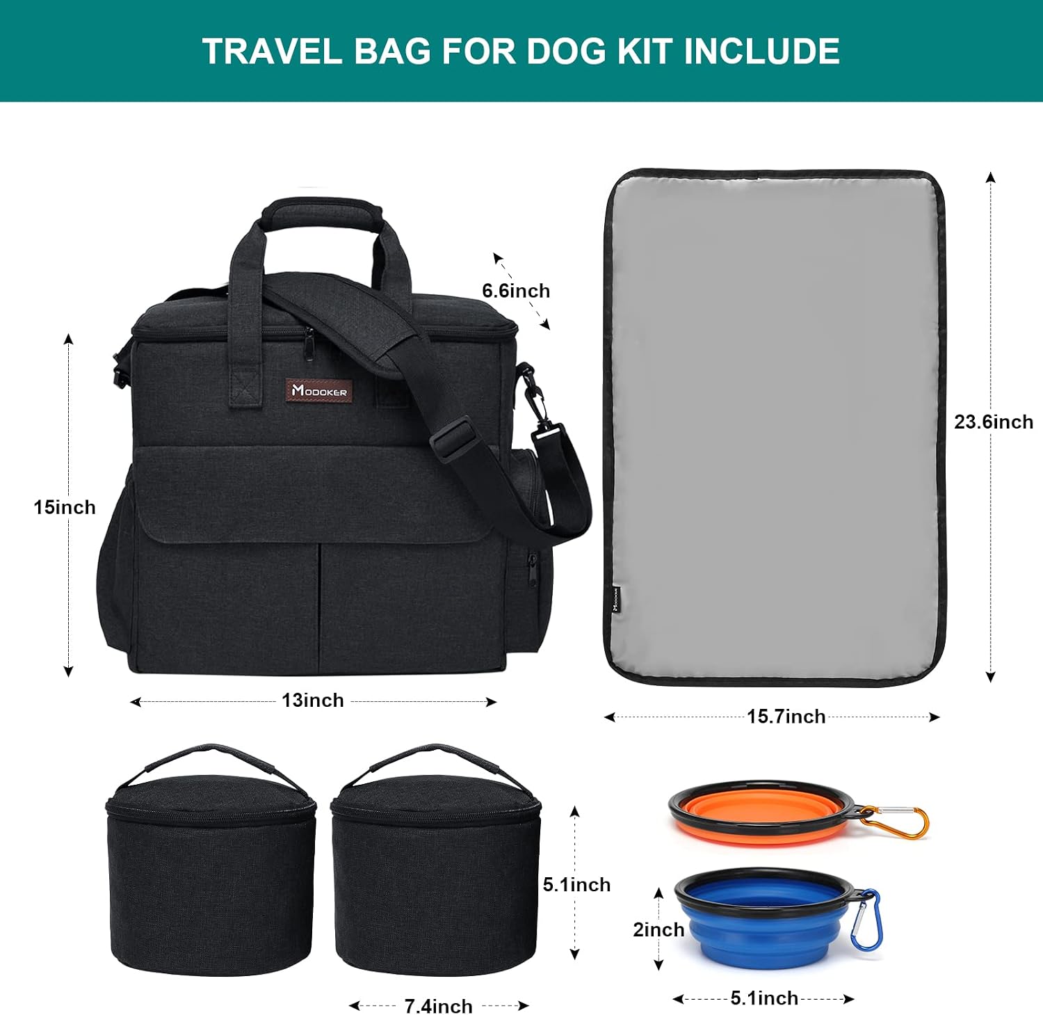 Modoker Weekend Dog Travel Bag Set with 2 Food Bags, 2 Bowls and Mat, Black