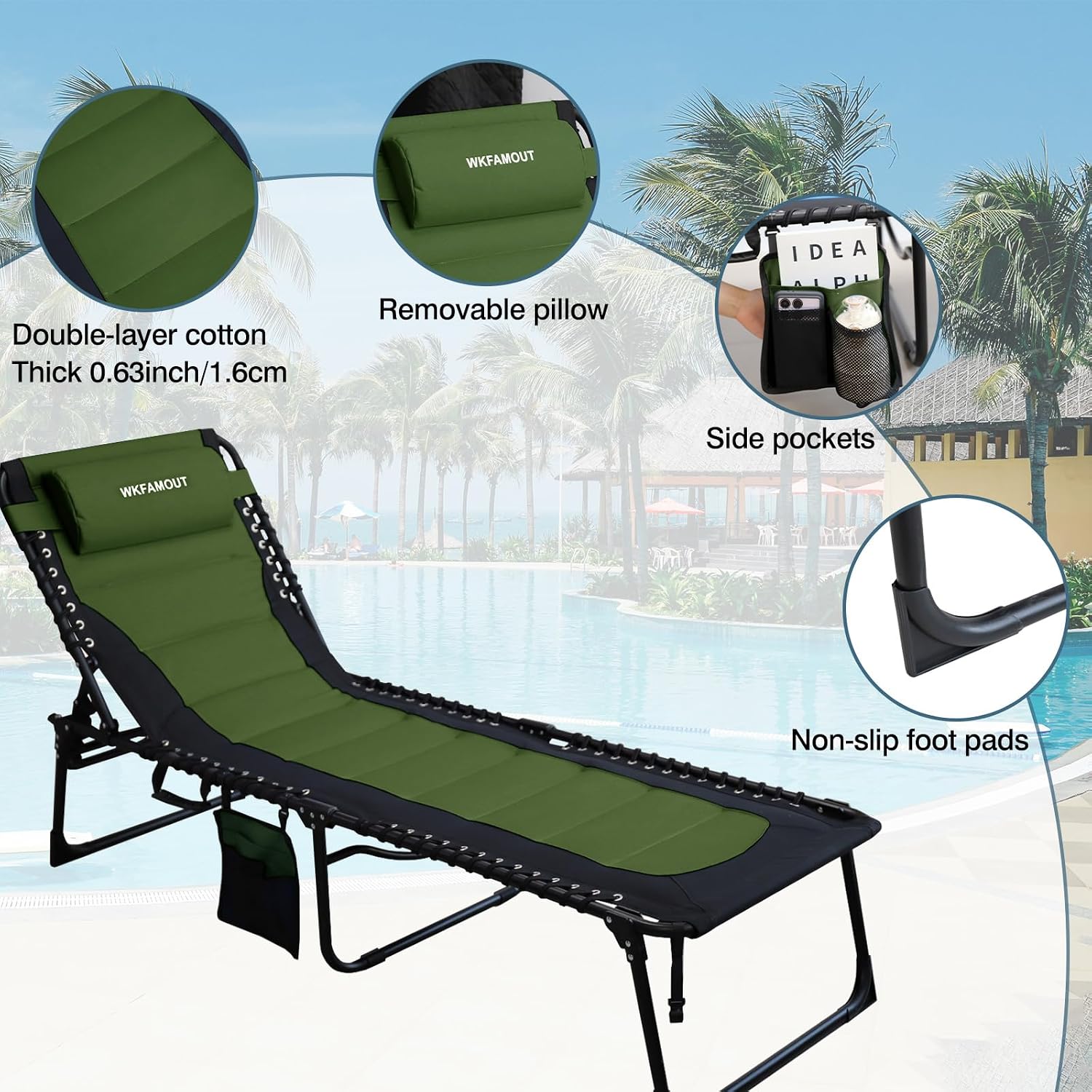 Oversized Padded Outdoor Folding Lounge Chair for Adults 330Ibs Patio Chaise Lounge Chair for Outside Adjustable 5-Position Reclining Beach Chair with Pillow Pocket
