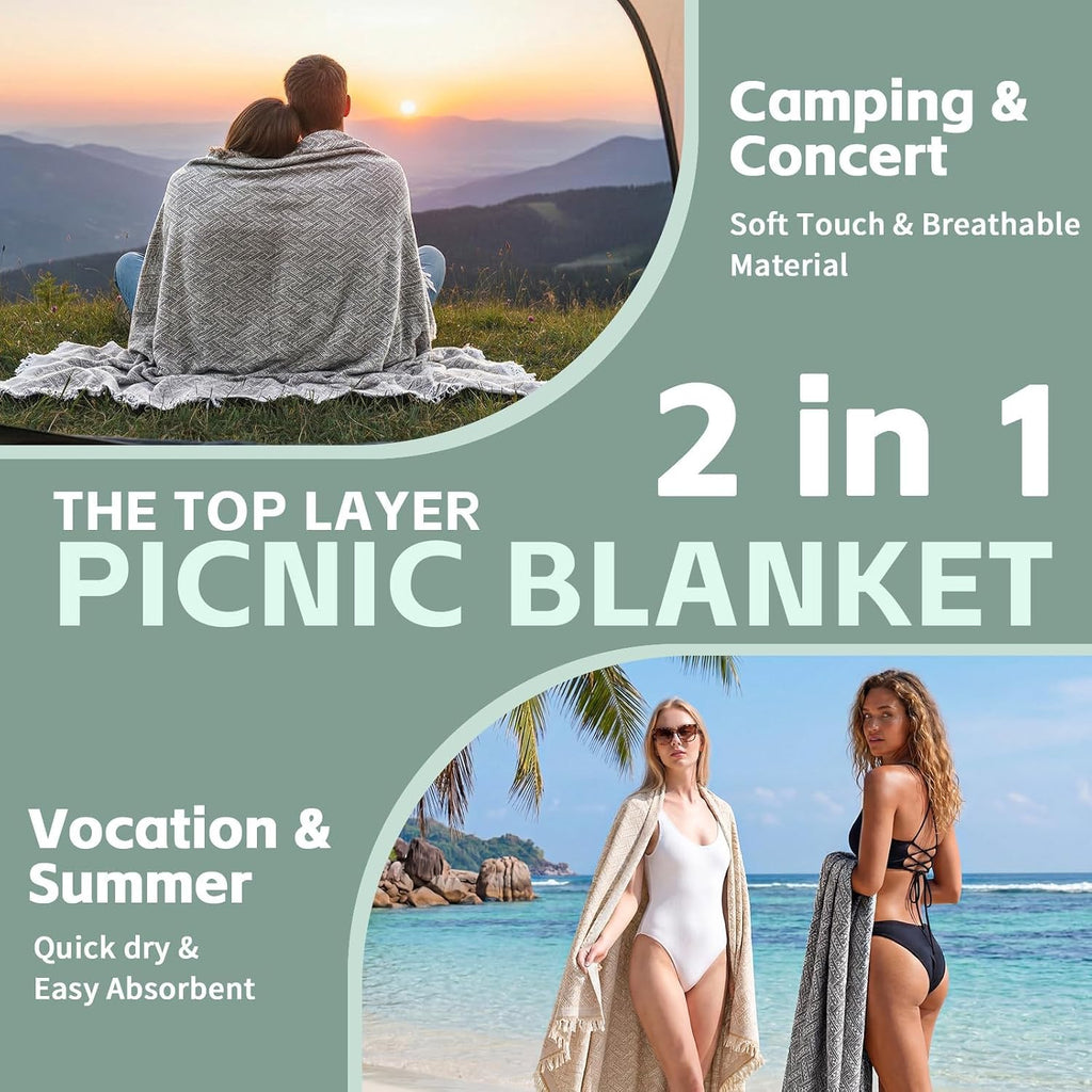 RYCHIC 2 in 1 Extra Large Boho Beach Blanket Towel Picnic Rug Camp Mat Family Beach Trip Essentials Summer Vacation Must Have Travel Accessories Lake Day Necessities Stuff Need Gear Gift Gadget 2026