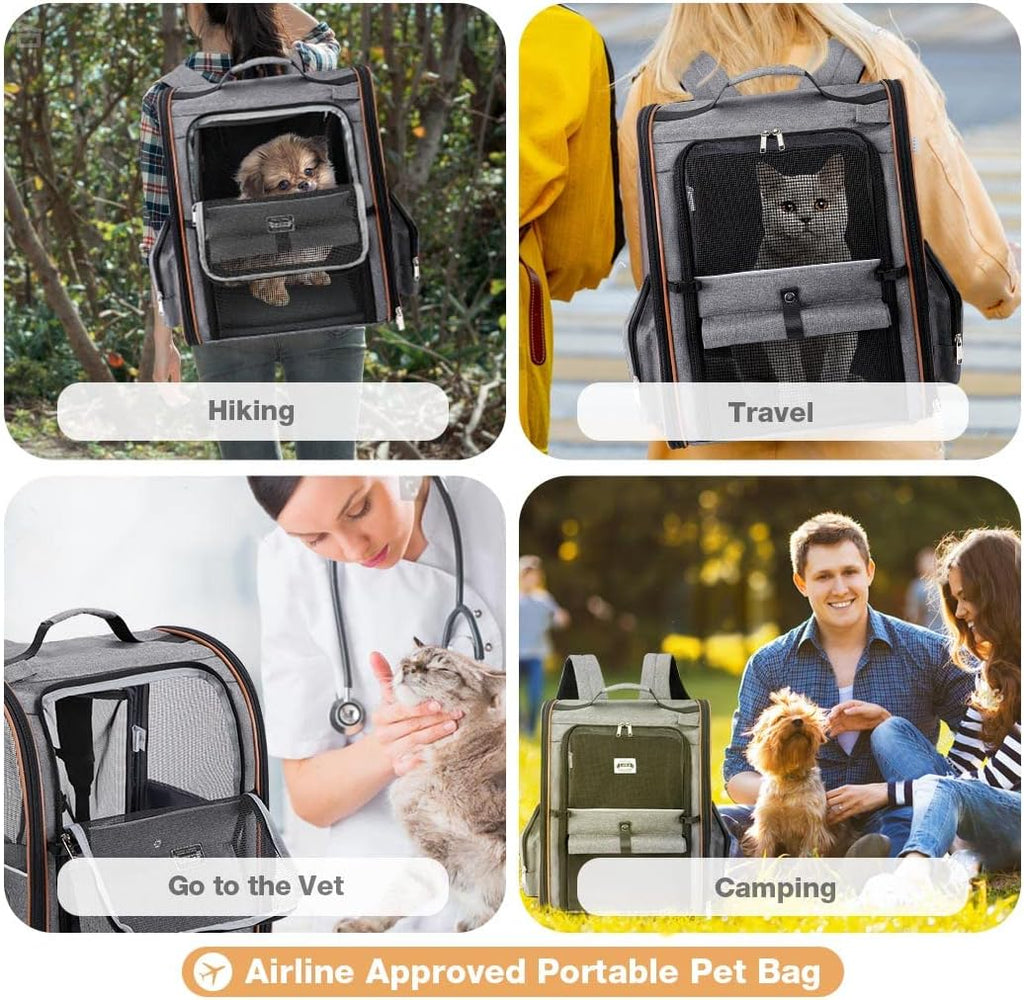 Cat Carrier Backpack, Expandable Pet Carrier with Sun Shade & Full Front Opening, Breathable Mesh Backpack for Small Dogs & Medium Cats Up to 18 Lbs, Foldable for Hiking, Camping (Grey)