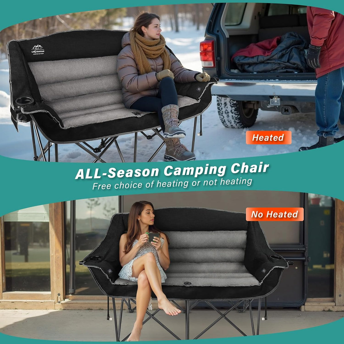 Heated Double Camping Chairs,3 Heat Levels Padded Portable Loveseat w/Wine Glass Holder,Cup Holder,Heating Outdoor Camp Couch Support 600 Lbs,Black,Battery NOT Included