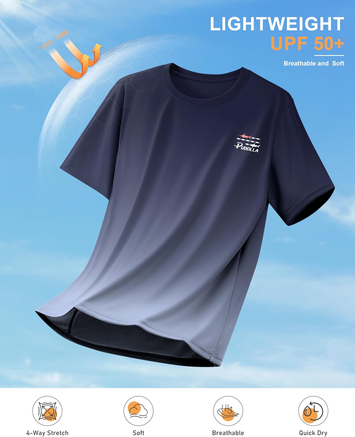 Pudolla Men's Fishing Swim Graphic Shirts Short Sleeve Sun Protection UV UPF 50+ SPF Tee Quick Dry Lightweight Water Tops