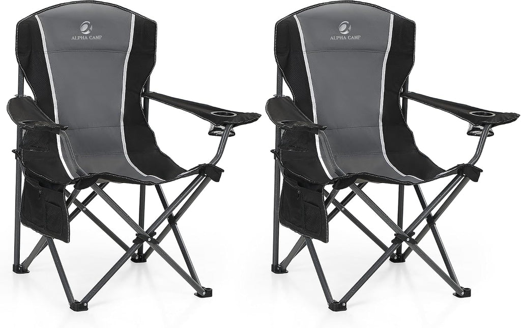 ALPHA CAMP Oversized Camping Folding Chair - Heavy Duty Steel Frame Support 350 LBS, Collapsible Padded Arm With Cup Holder, Quad Lumbar Back, Portable for Outdoor/Indoor