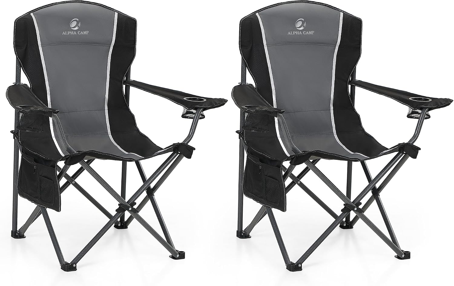 ALPHA CAMP Oversized Camping Folding Chair - Heavy Duty Steel Frame Support 350 LBS, Collapsible Padded Arm With Cup Holder, Quad Lumbar Back, Portable for Outdoor/Indoor