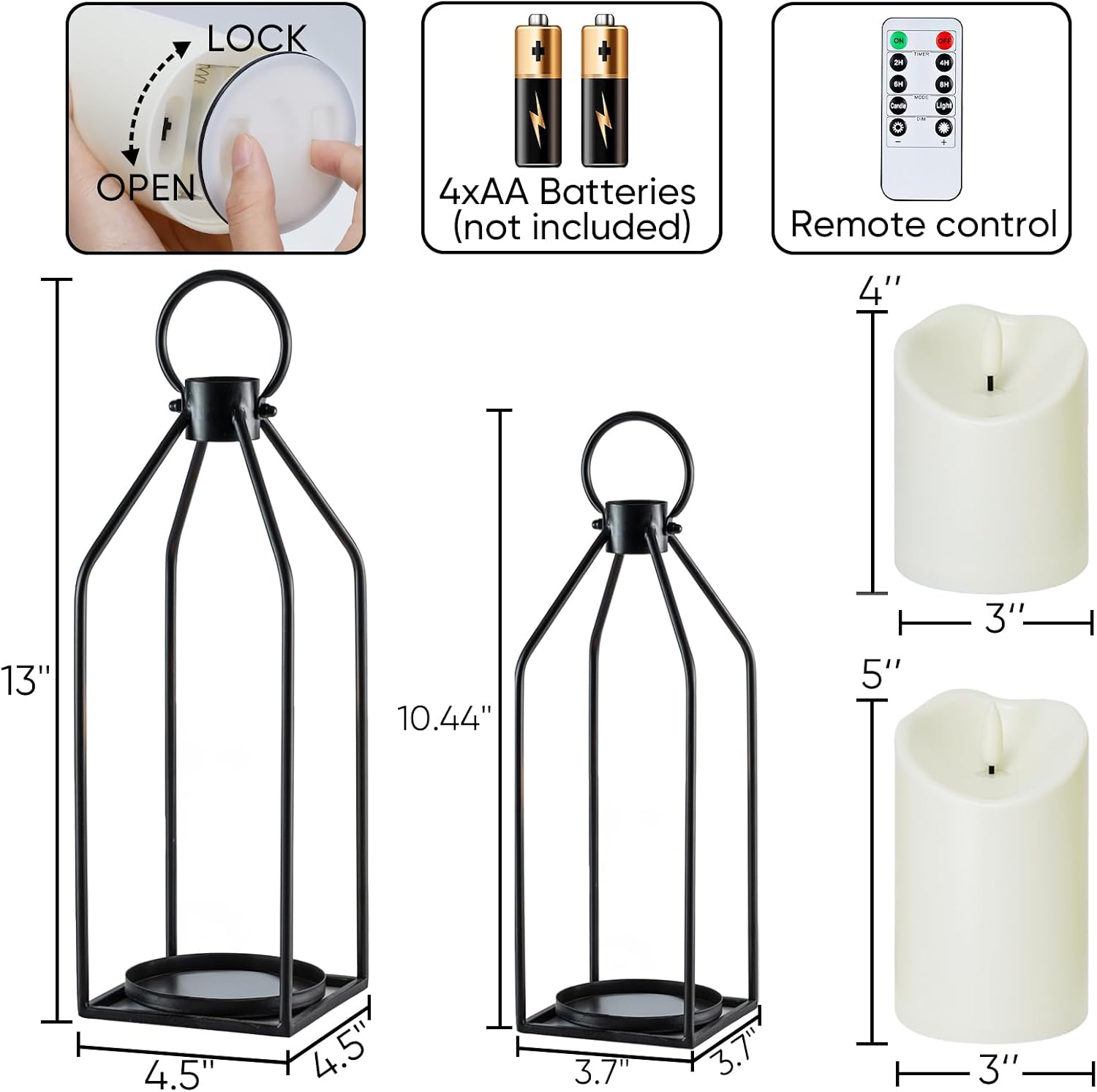 Homemory Modern Farmhouse Black Metal Lanterns 2PCS with Flameless Candle