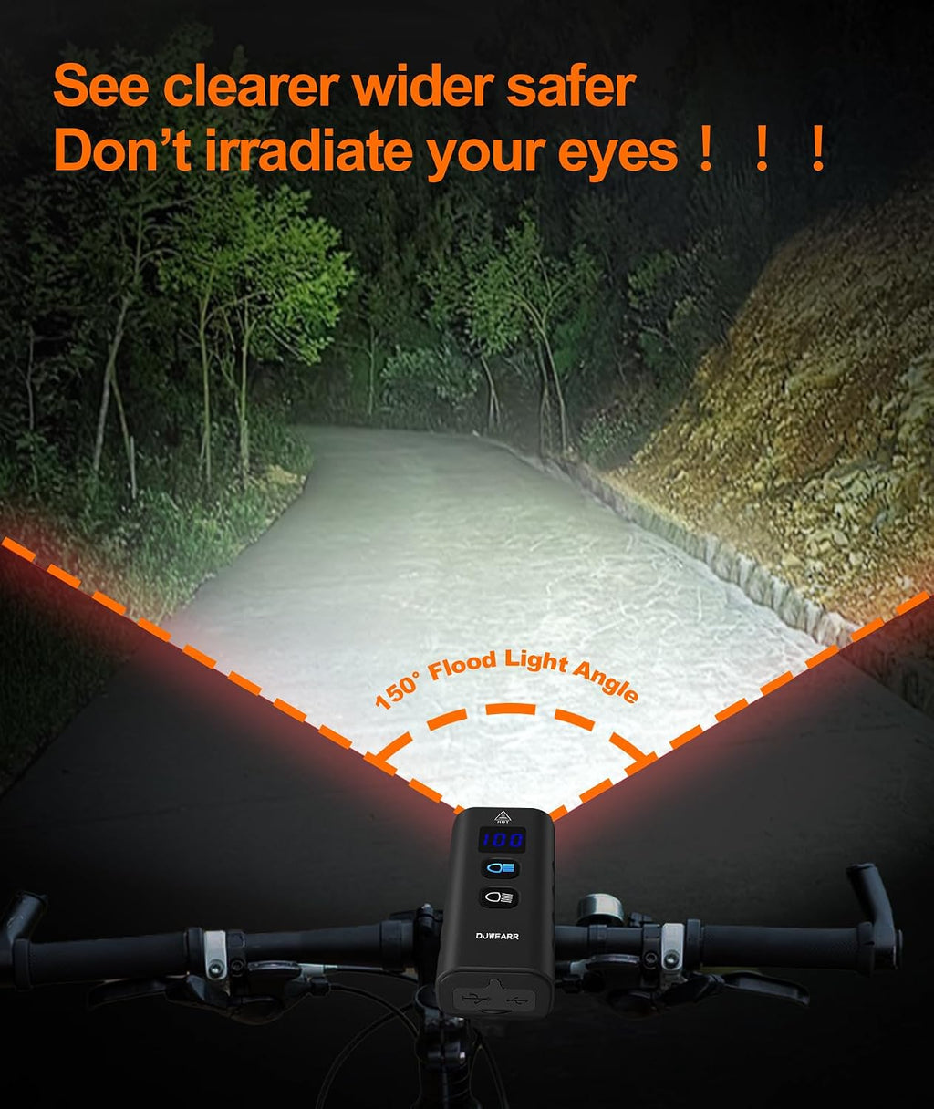 Front Bike Light or Front Headlight & Back Taillight Set, 2000 Lumens Super Bright Road Mountain Ebike Lights, Rechargeable & 6400mAh Ultra-Long Battery Life, 13 Lighting Modes