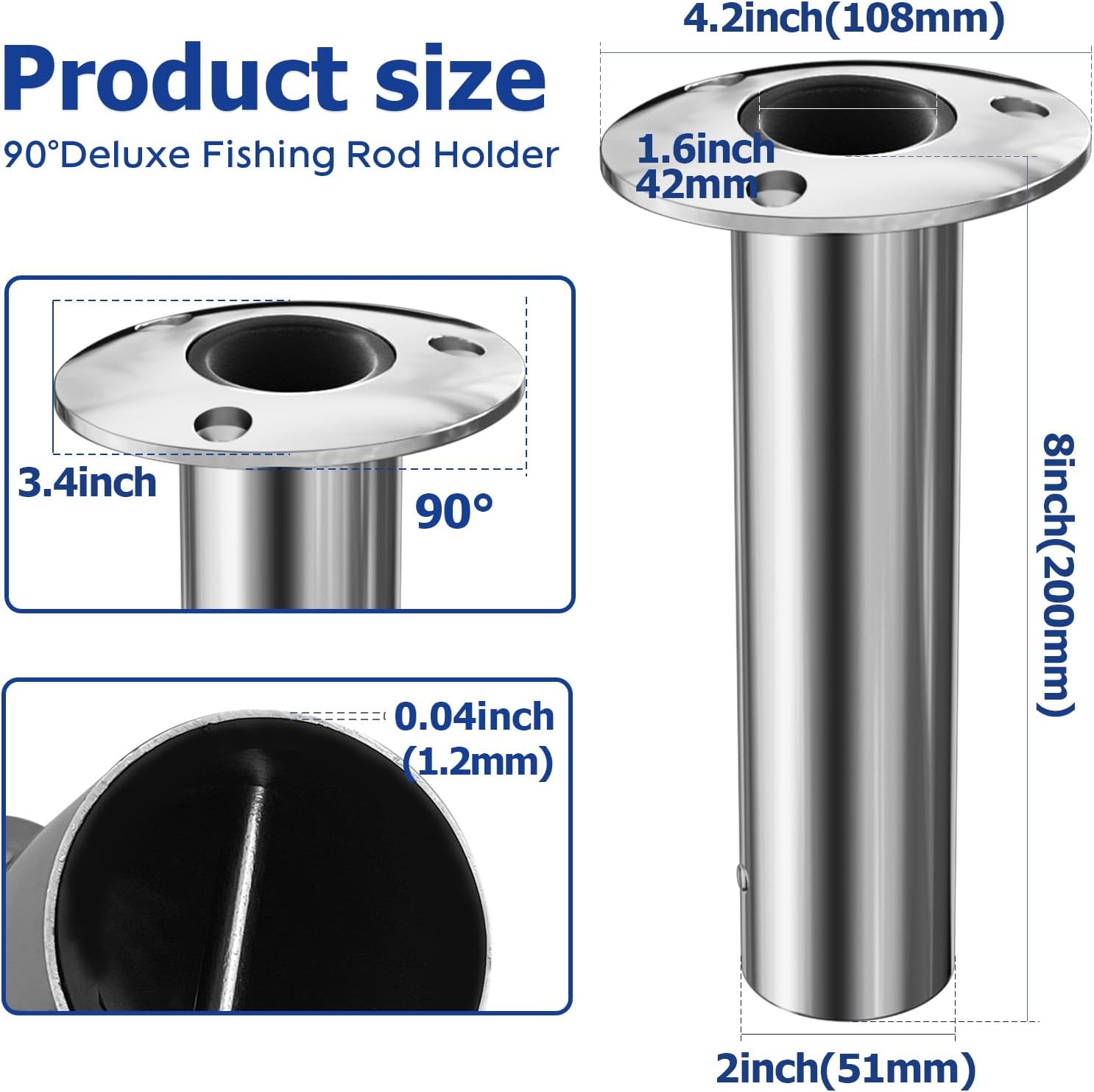 Fishing Rod Holder 2 Pack, 316 Stainless Steel 15/30/90 Degree Rod Holders for Fishing Boat, Flush Mount with Cap, Heavy Duty