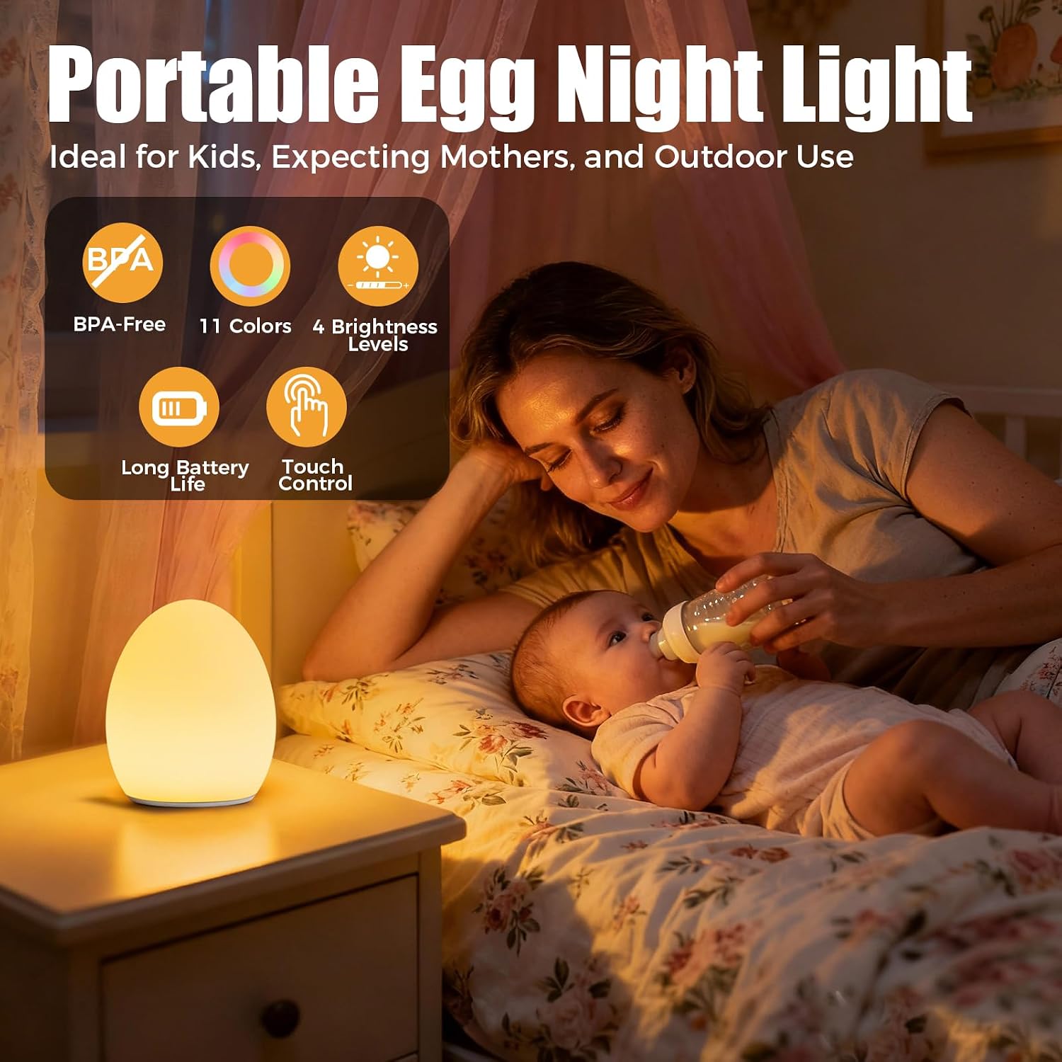 Baby Night Light, Silicone Egg Light for Kids, Portable Touch Night Lamp with 11 Colors Changing, Nursery Night Light for Breastfeeding, BPA Free, Eye Caring, Soft
