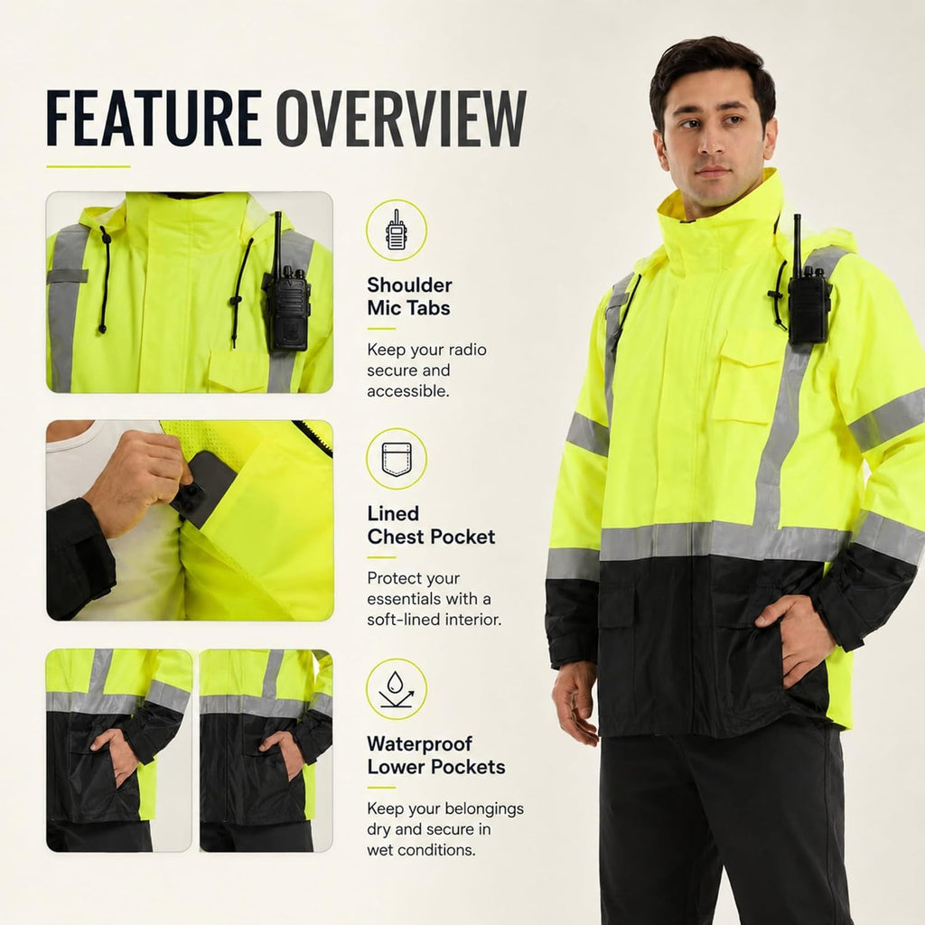 SKSAFETY Hi Vis Safety Rain Jacket for Men, Construction Work Rain Gear Heavy Duty Class 3 Rain Coat Waterproof Lightweight
