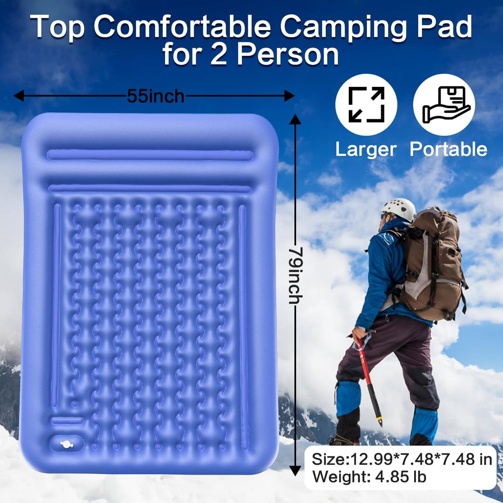 Double Sleeping Pad for Camping, Extra Thick 5 Inch Self-Inflating 2 Person Camping Mattress,with Built-In Foot Pump, Insulated Inflatable Trampoline Mat for Backpacking, Hiking, Tents & Winter