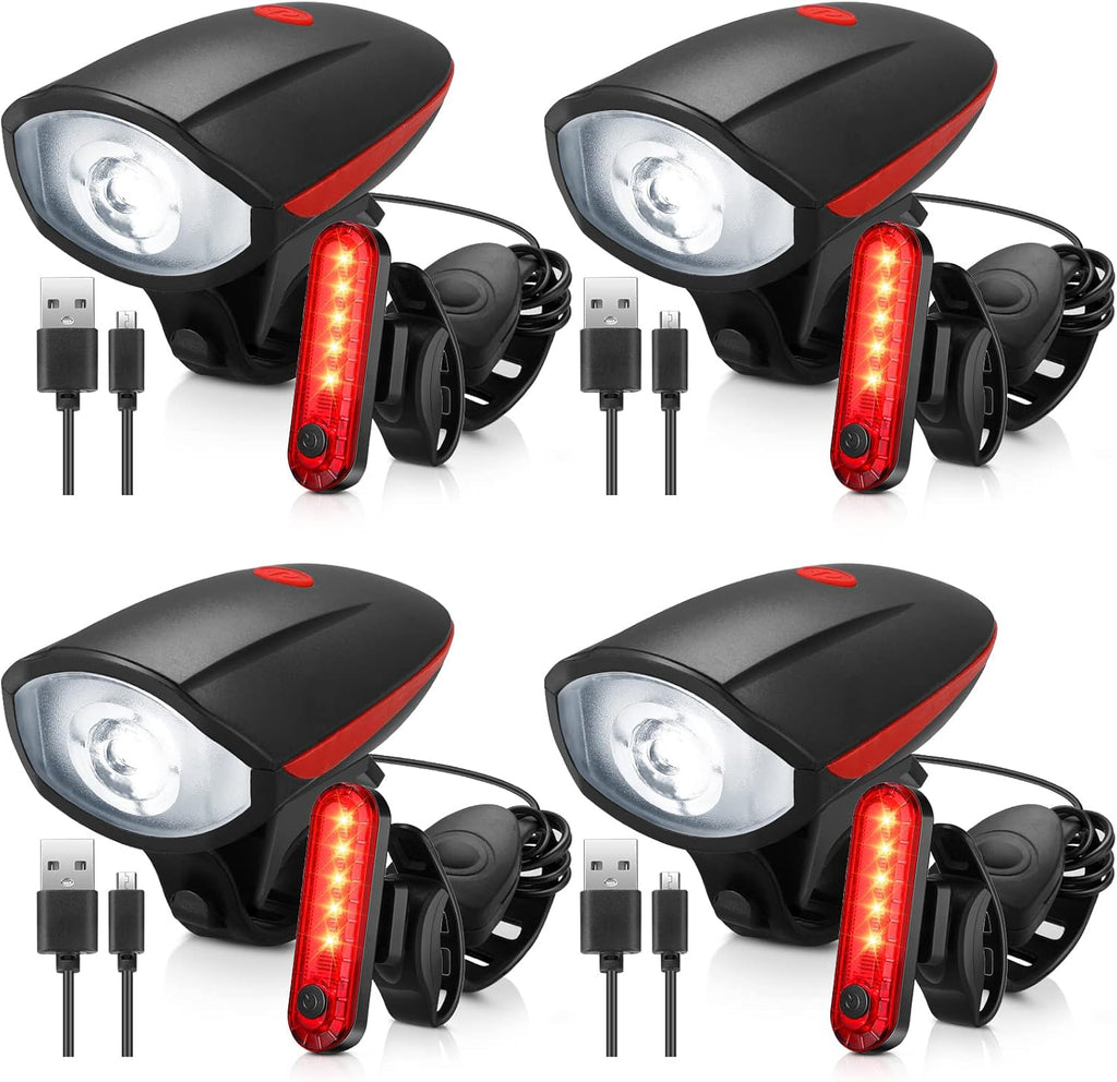 Hanaive 4 Sets Bike Lights for Night Riding with Horn USB Rechargeable LED Bicycle Front 3+4 Modes Headlight Taillight Set Bright Waterproof Accessories for Men Women Road Mountain Bike
