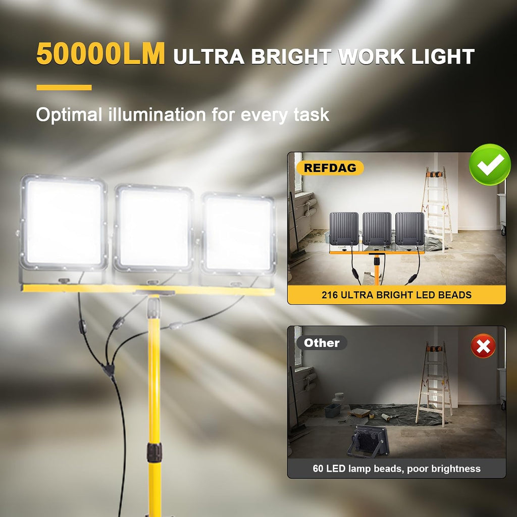 50000Lumen LED Work Lights with Stand - 3 Head Portable Work Light with IP65 Waterproof, Adjustable Stand, 16ft Cord for Construction Sites, Garage, Warehouse Lighting - Indoor Outdoor