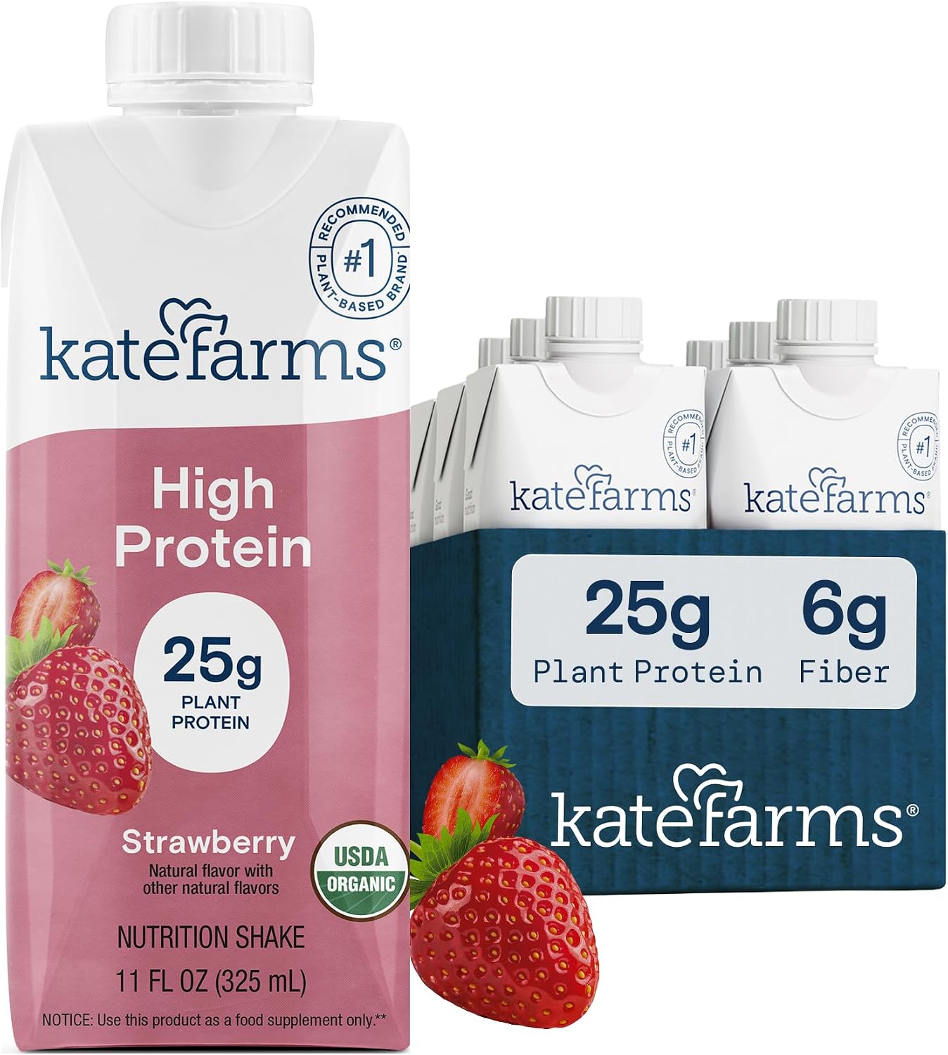 KATE FARMS Organic High Protein Strawberry Shake, 25g Protein, 6 Pack