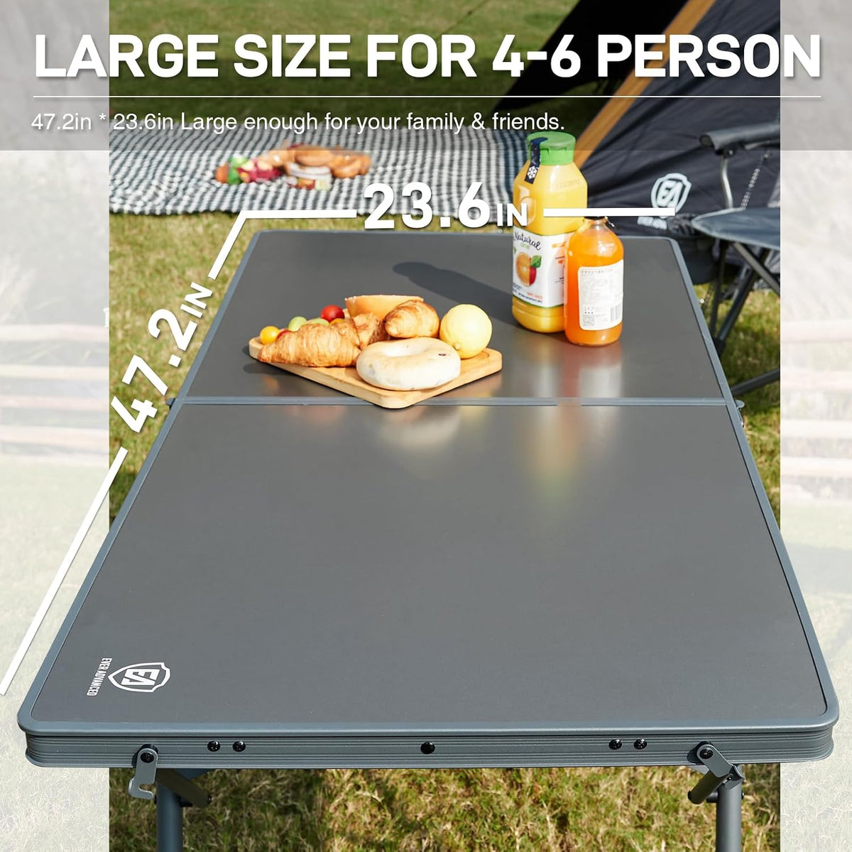 EVER ADVANCED Large Camping Table for 4-6 Person, Portable Folding Aluminum Table with Carrying Handle, Suitable for BBQ, Picnic, Camping and Indoor Use, Support up to 130LBS, Gray