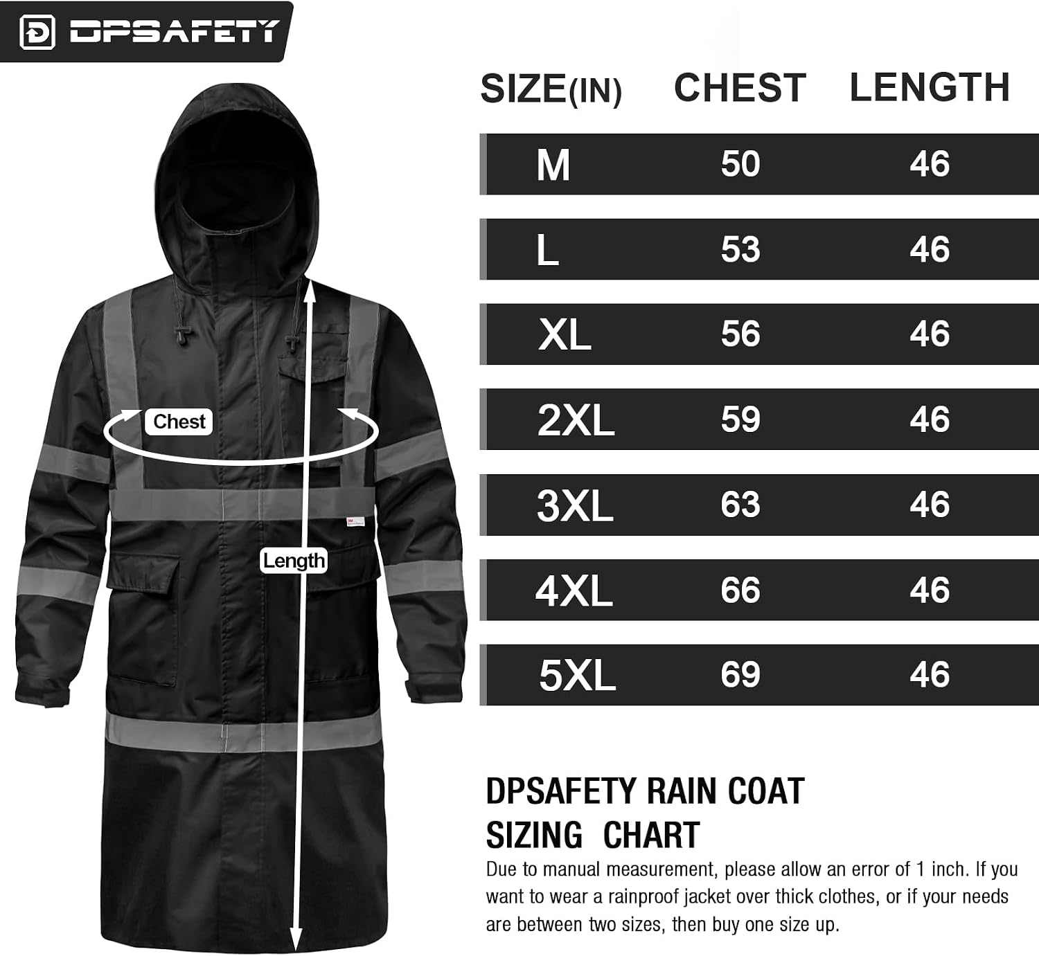 Hi Vis Rain Jacket with 3M Reflective Stripe,High Visibility Class 3 Rain coats,Safety Waterproof Rain Suits for Men with Hood and 2 Large Pockets construction work rain gear(Black S)