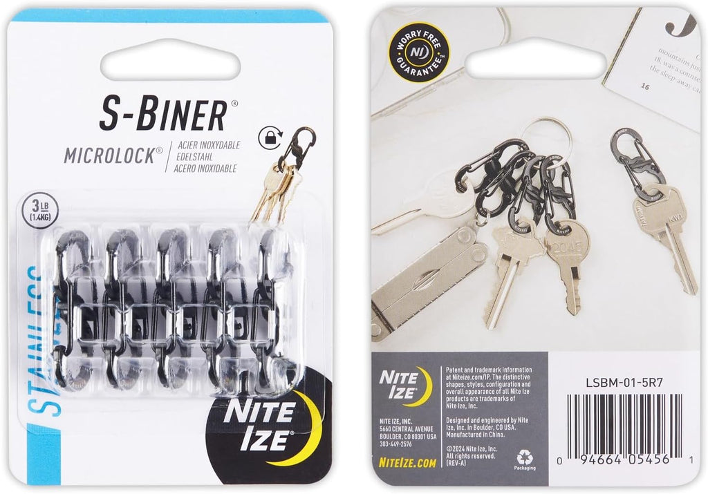 Nite Ize S-Biner MicroLock Stainless Steel - Durable Key Holder Carabiner Clip - S-Biner with Locking Gates - Durable & Strong Mini Carabiners for Keychain Accessories - Black (5 Pack)