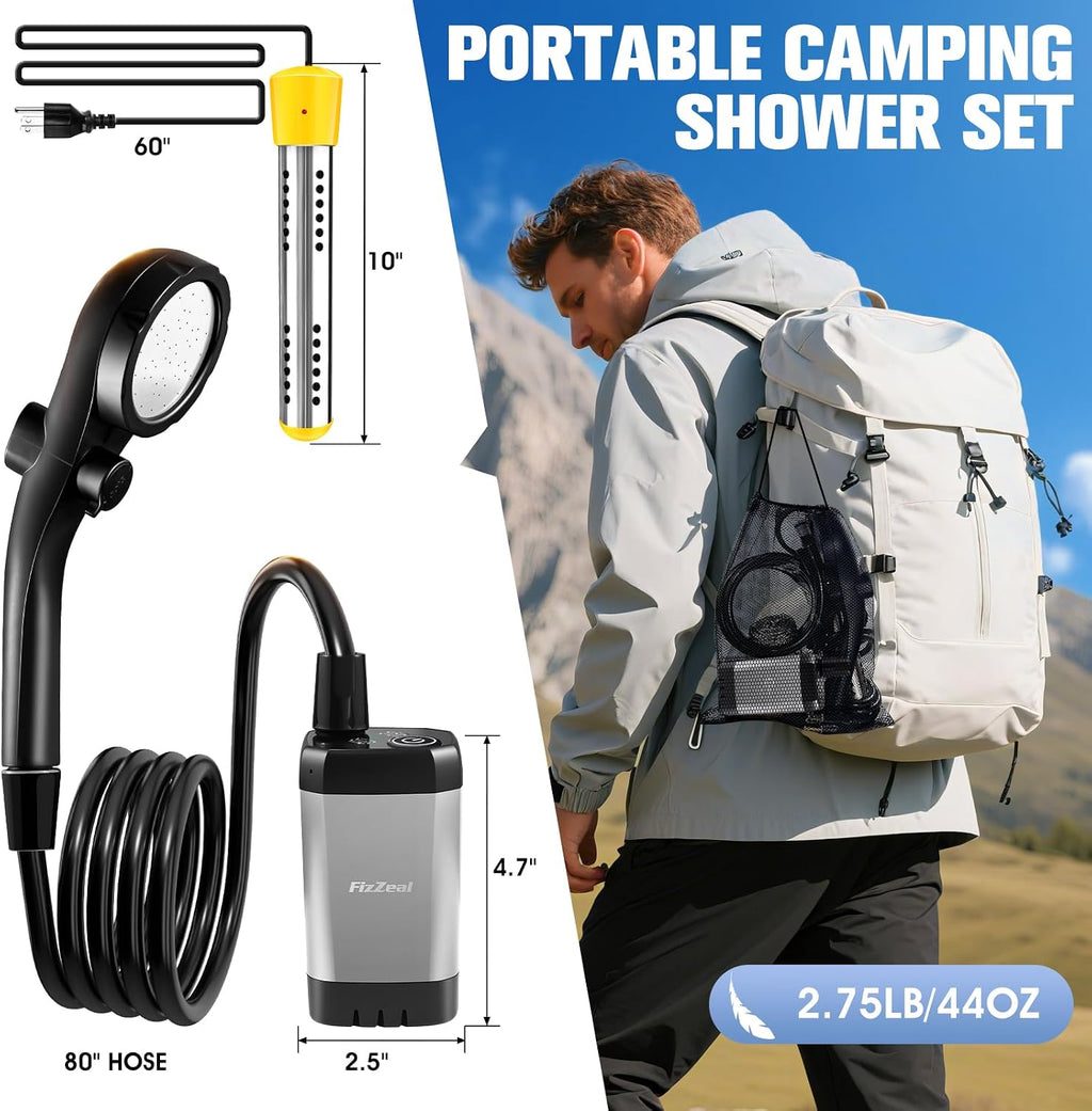 FizZeal Portable Camping Shower with 2000W Auto-Off Heater