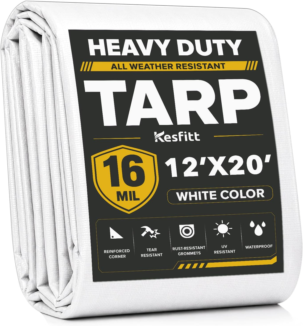 Kesfitt 16 Mil Heavy Duty Waterproof Tarp, 12x20 FT, White
