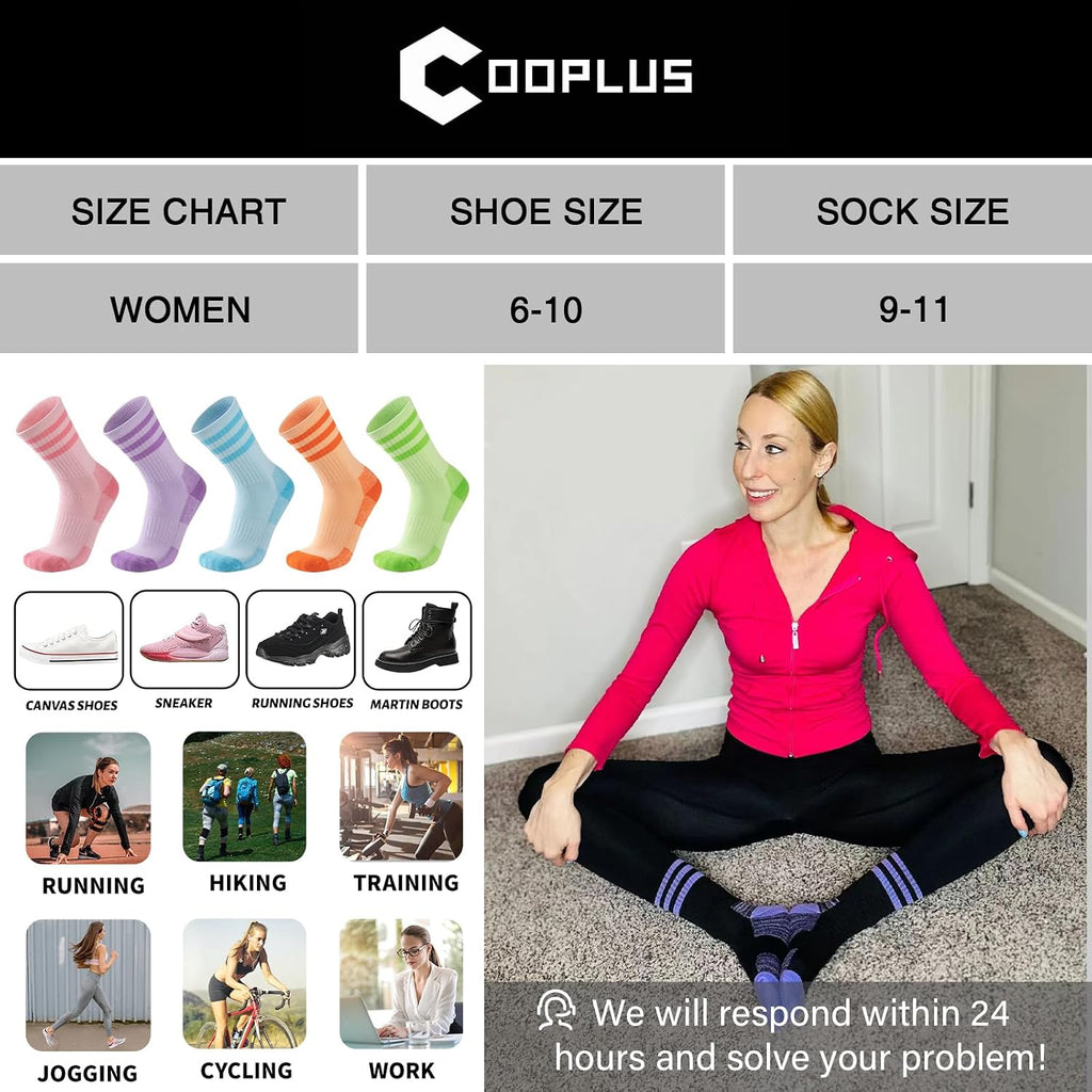 COOPLUS Womens Athletic Crew Socks Cushioned Cotton Wicking Outdoor Recreation Sports Calf Socks 5 Pairs