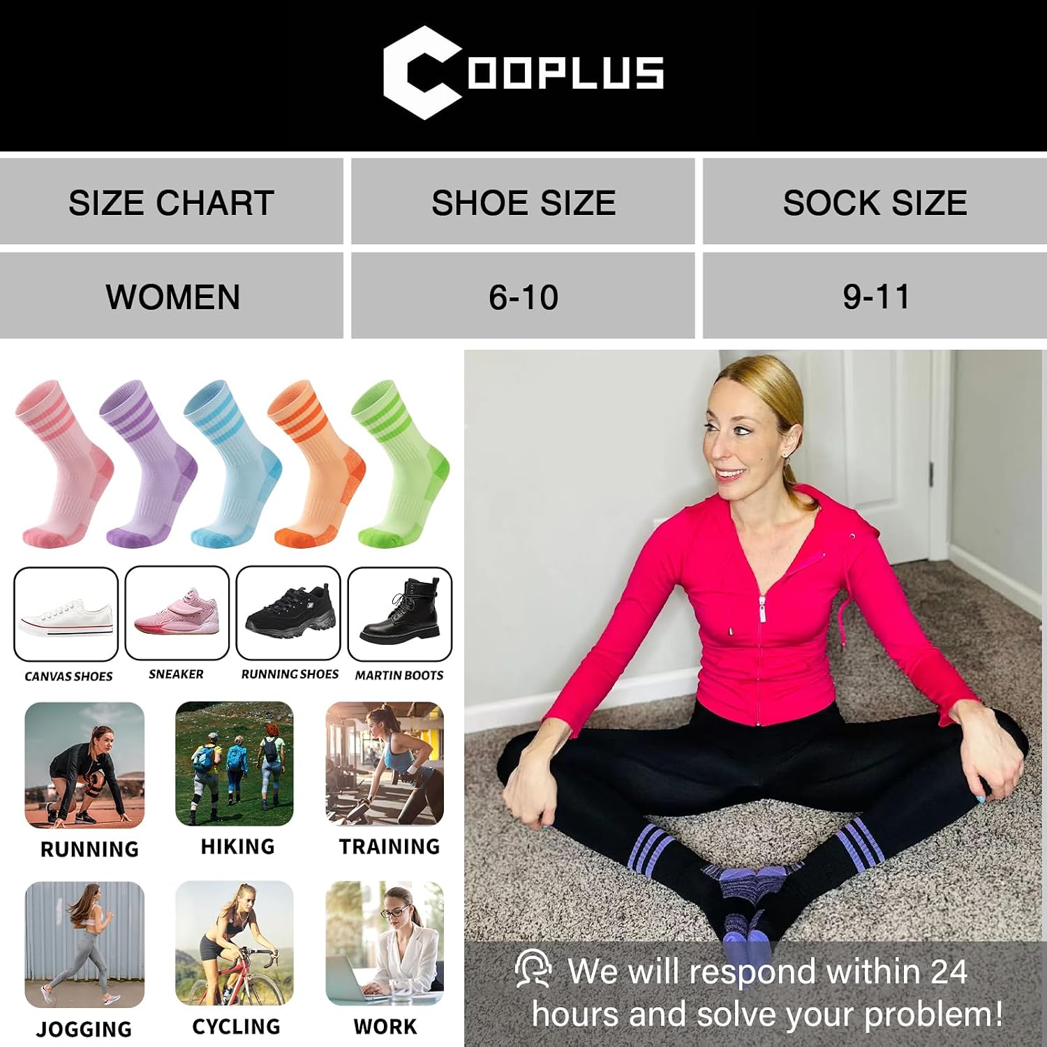 COOPLUS Womens Athletic Crew Socks Cushioned Cotton Wicking Outdoor Recreation Sports Calf Socks 5 Pairs