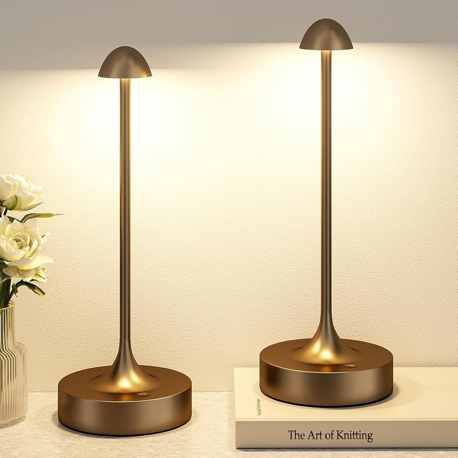 Kakanuo Rechargeable Cordless Table Lamp, Battery Operated Lamps, 3-Color Stepless Dimming, Portable Wireless Desk Lamp, LED Lighting for Dining Room, Restaurant, Office, Bar, Home(Brown 2 Pack)