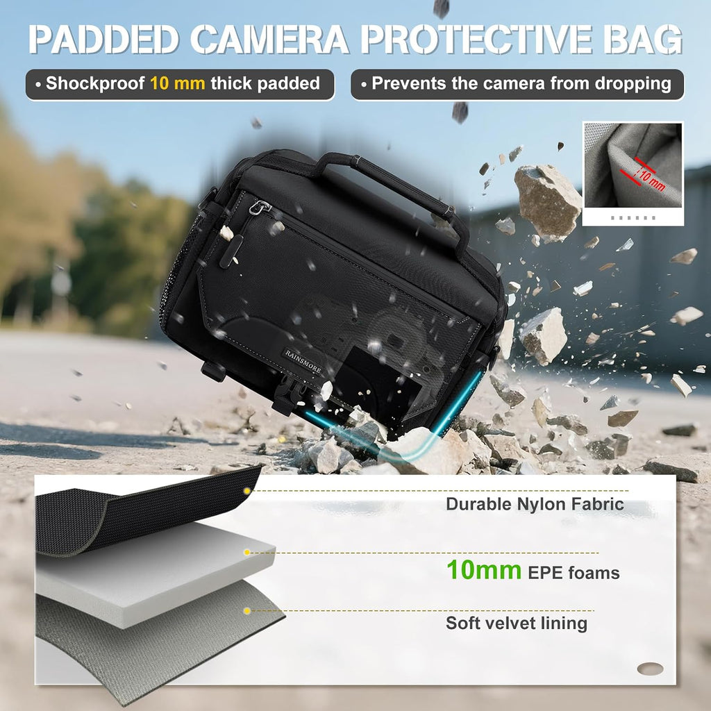 RAINSMORE Camera Bag, Small Camera Sling Bag Waterproof Camera Case, Black