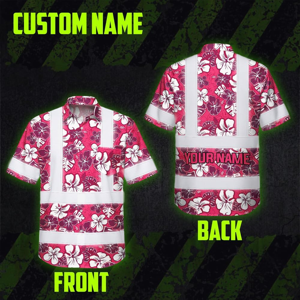 High Visibility Hawaiian Shirt for Men Tropical Shirts Custom Name Floral Outfit Reflective Safety Workwear