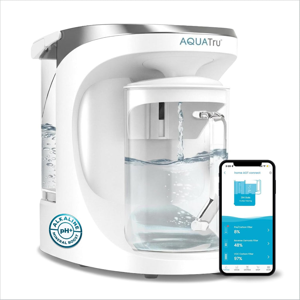 AquaTru Glass Carafe Smart Alkaline Countertop RO Purifier | WiFi Connected 4 Stage RO System | Removes 84 Contaminants Including PFOA & PFOS (PFAS), Lead and Microplastics | Adds Minerals