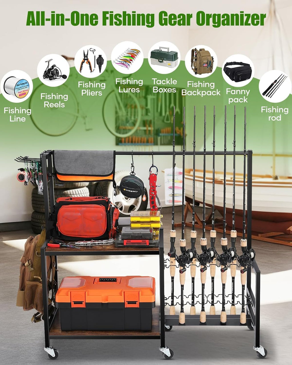 EXTCCT Fishing Rod Holder, Rolling 16 Pole Rack Cart for Garage, Brown