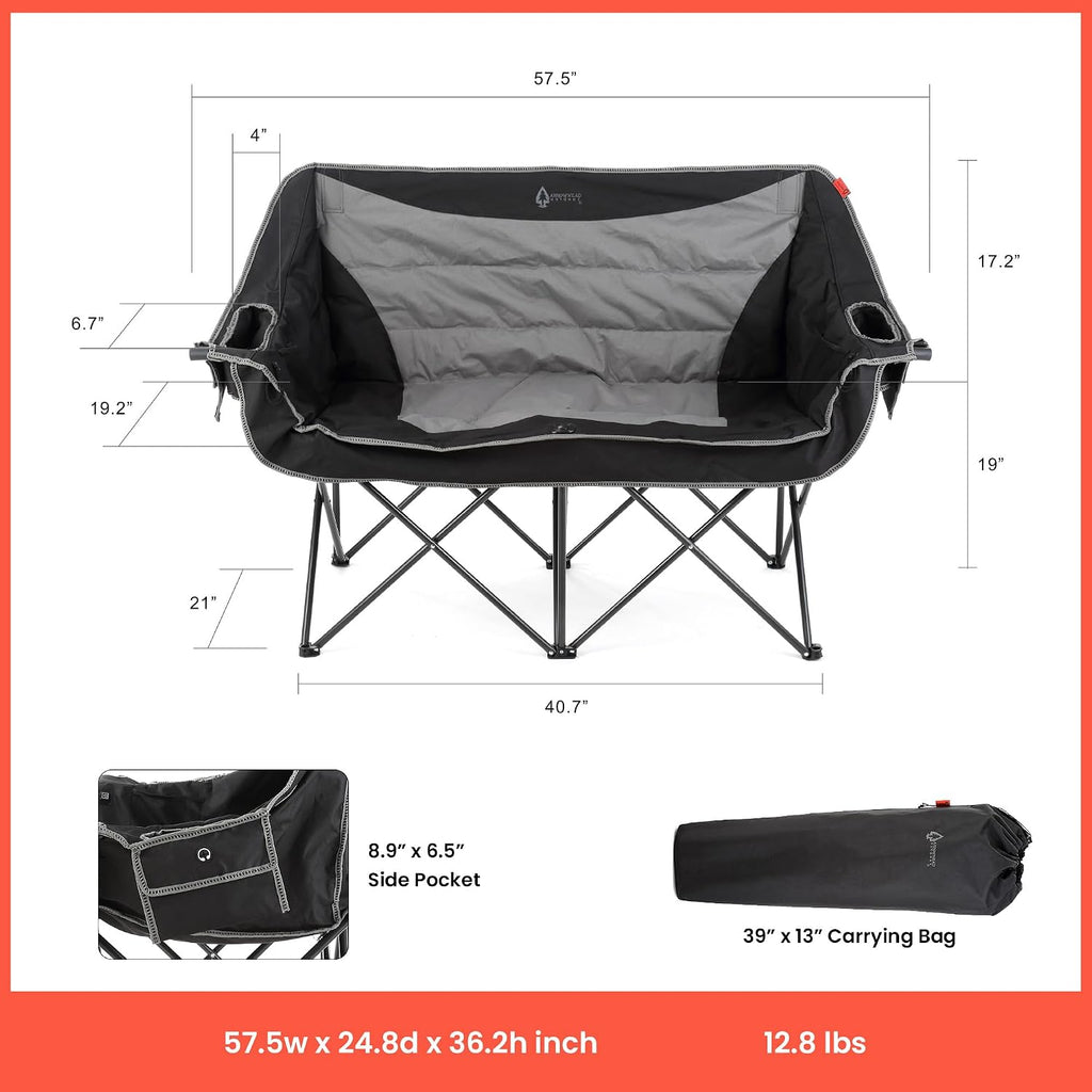 ARROWHEAD OUTDOOR Wide Duo Foldable Heated Camping Loveseat Chair, Black