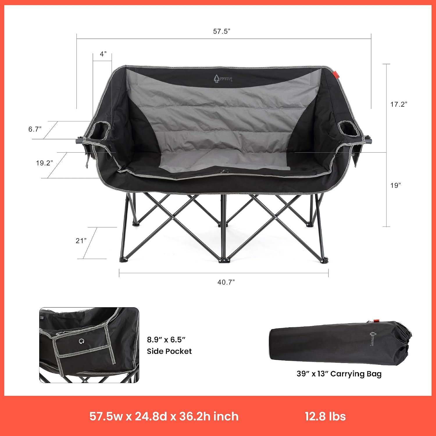 ARROWHEAD OUTDOOR Wide Duo Foldable Heated Camping Loveseat Chair, Black