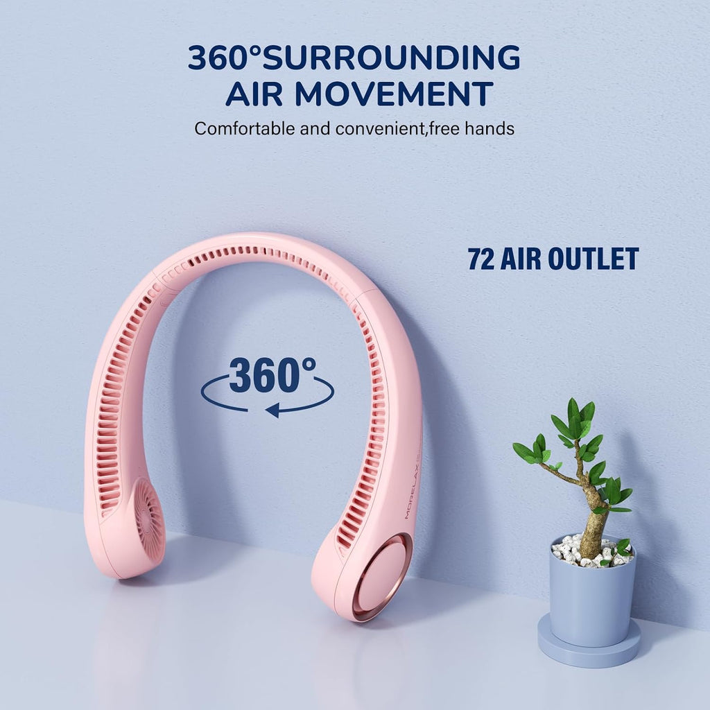 Morelax Neck Fan, USB Rechargeable Personal Fan, 3 Speeds Adjustable, Large air outlet Powerful Strong Wind, Adjustable, 360° Cooling, Super Quiet, No Blade Design, No Hair Twisting, Small (Pink)