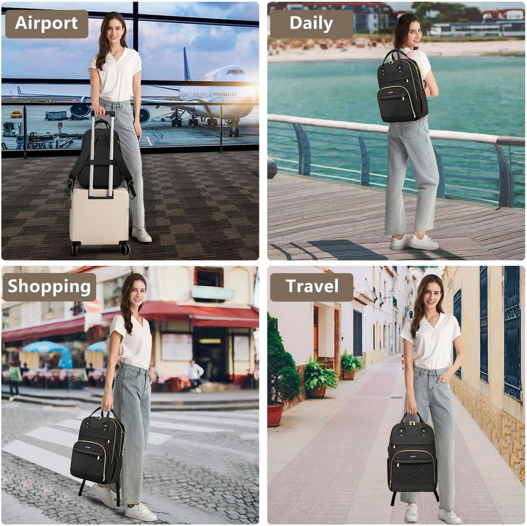 Laptop Backpack for Women Work Bag - 15.6 inch Black Travel Backpack College Backpack with USB Charger Business Office Back Pack for Teacher Casual Waterproof Bookbag for Nurses
