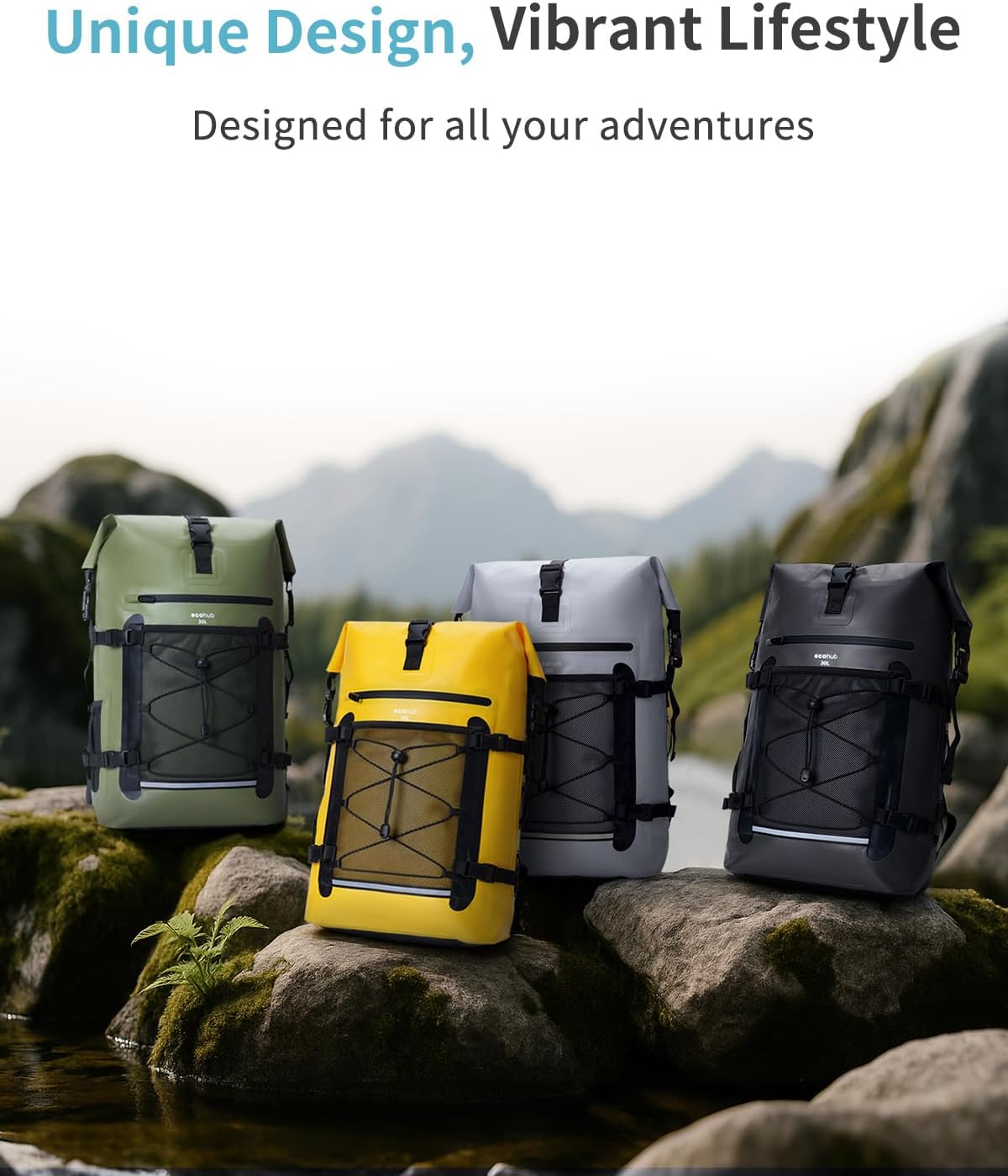 ECOHUB Waterproof Backpack, 30L Roll-Top Closure Heavy Duty Dry Bag