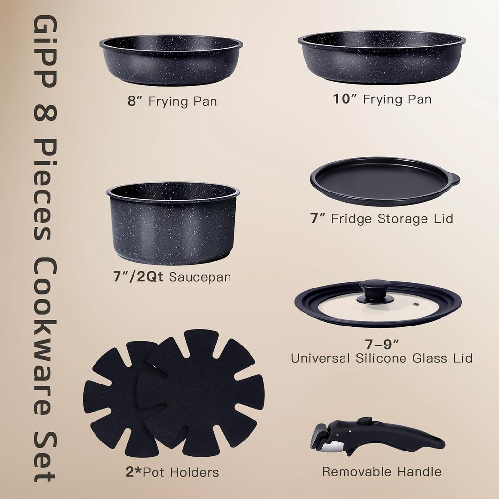 GiPP Ceramic Pots and Pans Set Non Stick, Nonstick Detachable Handle Cookware Sets,Healthy Non Toxic PFAS PFOA & PTFE Free, Dishwasher ＆Oven Safe, Induction Kitchen Pot and Pan, 8 Piece Grey