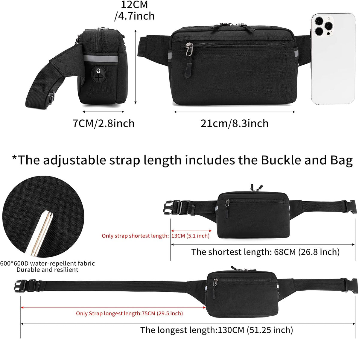 Mini Hiking Waist Bag, 3-Pocket 1.7L RFID Blocking Fanny Pack for Men Women (Black)