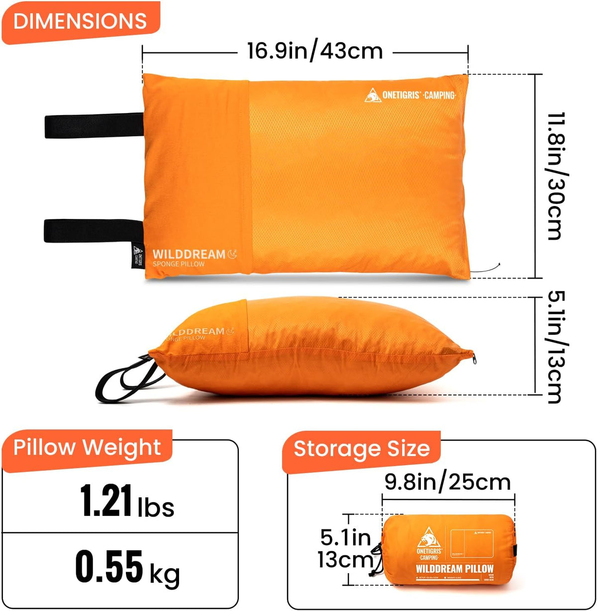 ONETIGRIS Wilddream Camping Pillow, Shredded Small Memory Foam Pillow, Compact, Easy Clean, Comfortable for Backpacking, Travel, and Car Trips, 4 Season Use