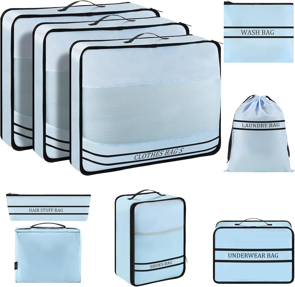9 Set Packing Cubes Luggage Packing Organizers for Travel Accessories Space Saving Travel Bags for Carry On, Lightweight Mesh Zipper, Clothes, Shoes, Laundry and Shoe Bag (Blue Streak)