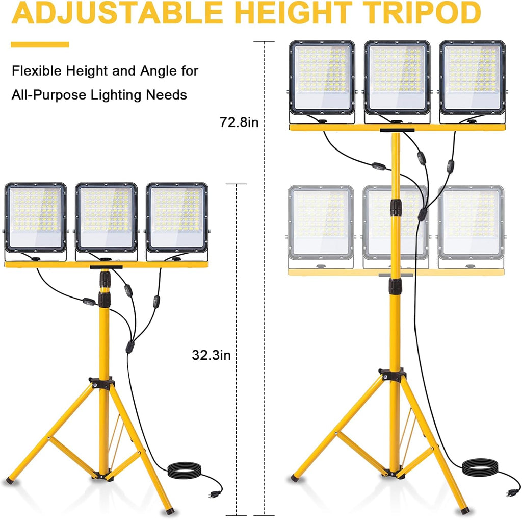 50000Lumen LED Work Lights with Stand - 3 Head Portable Work Light with IP65 Waterproof, Adjustable Stand, 16ft Cord for Construction Sites, Garage, Warehouse Lighting - Indoor Outdoor