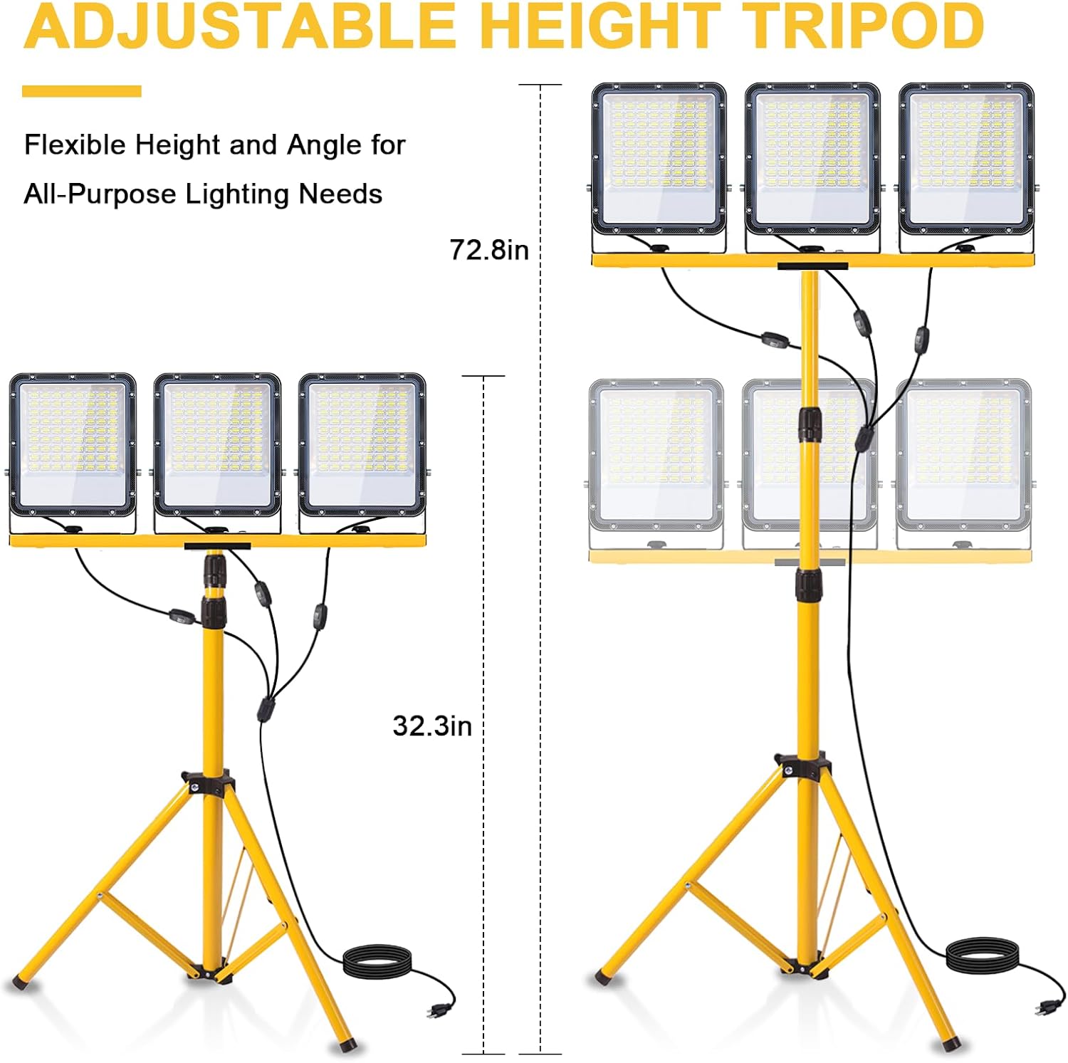 50000Lumen LED Work Lights with Stand - 3 Head Portable Work Light with IP65 Waterproof, Adjustable Stand, 16ft Cord for Construction Sites, Garage, Warehouse Lighting - Indoor Outdoor
