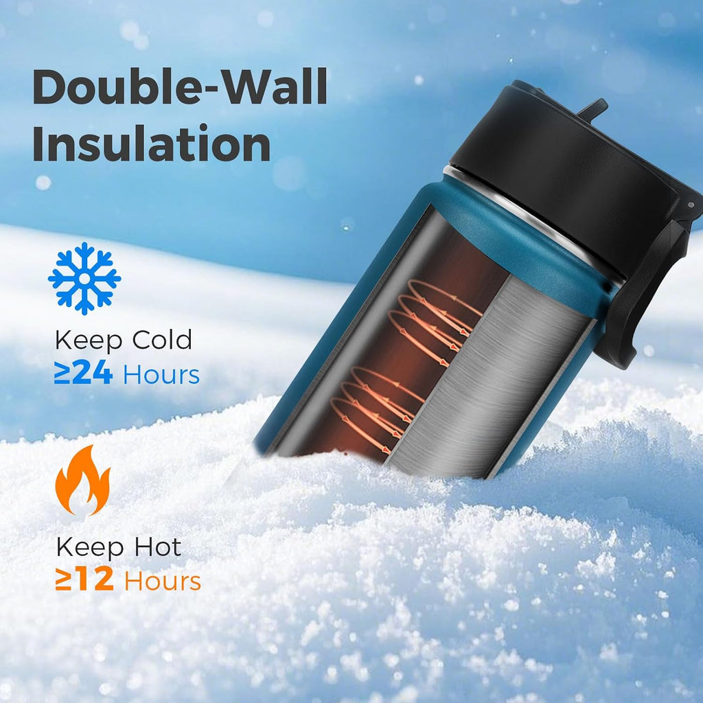 Neihepal 22 oz Insulated Water Bottles with Leak Proof Straw Lid, Wide Mouth Double Walled Vacuum Stainless Steel Metal Water Bottle (Dark Night,2 Pack)