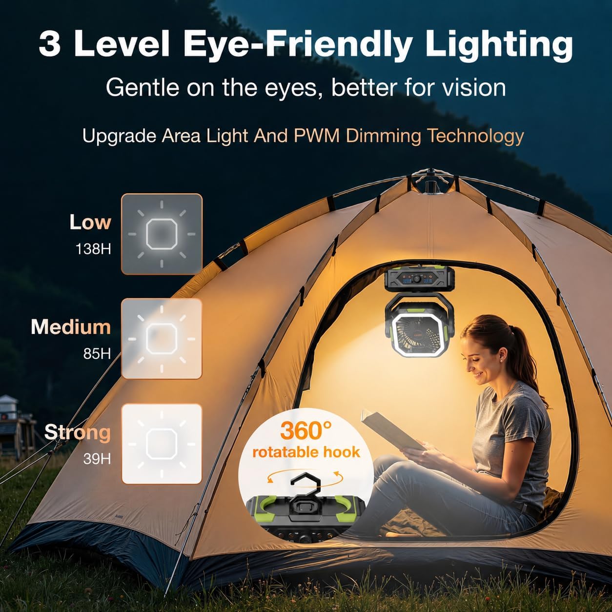 OGERY Camping Fan, Portable Fan Rechargeable with 20000mAh Battery, Stepless Speed Control, Fast Charging, Remote & LED Lantern for Tent, Travel, Car Camping, Camping Essentials