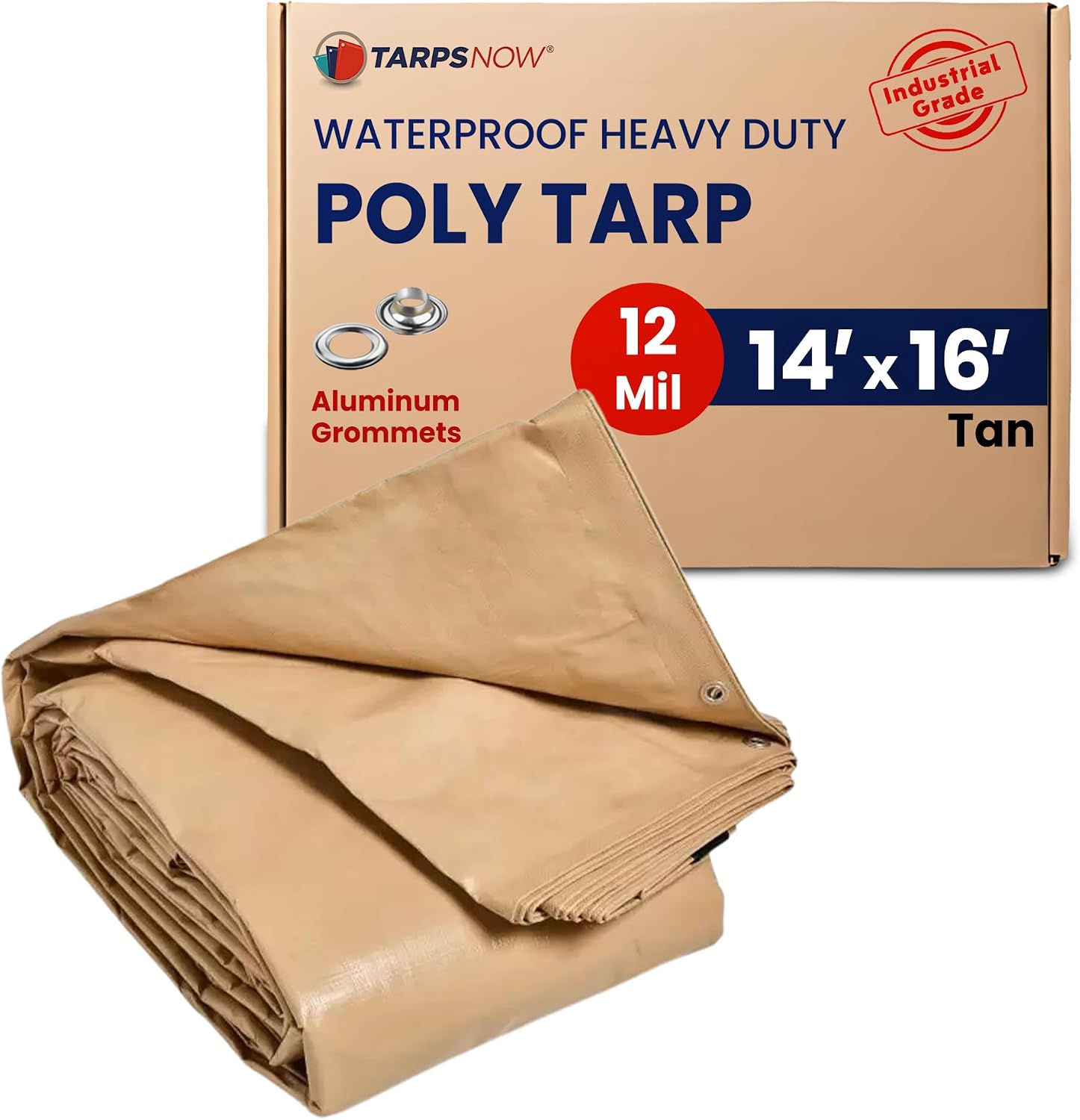 Tarps Now 14x16 Feet Heavy Duty Waterproof Poly Tarp | 12 MIL Reinforced Tarp with Aluminum Grommets | General-Purpose Brown Tarp Cover